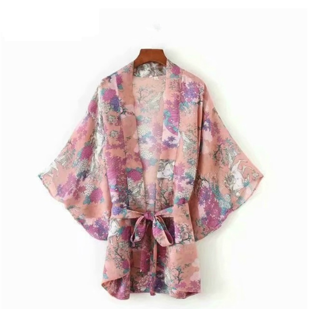 Boho pink floral print belted kimono cover up - Picture 2 of 3